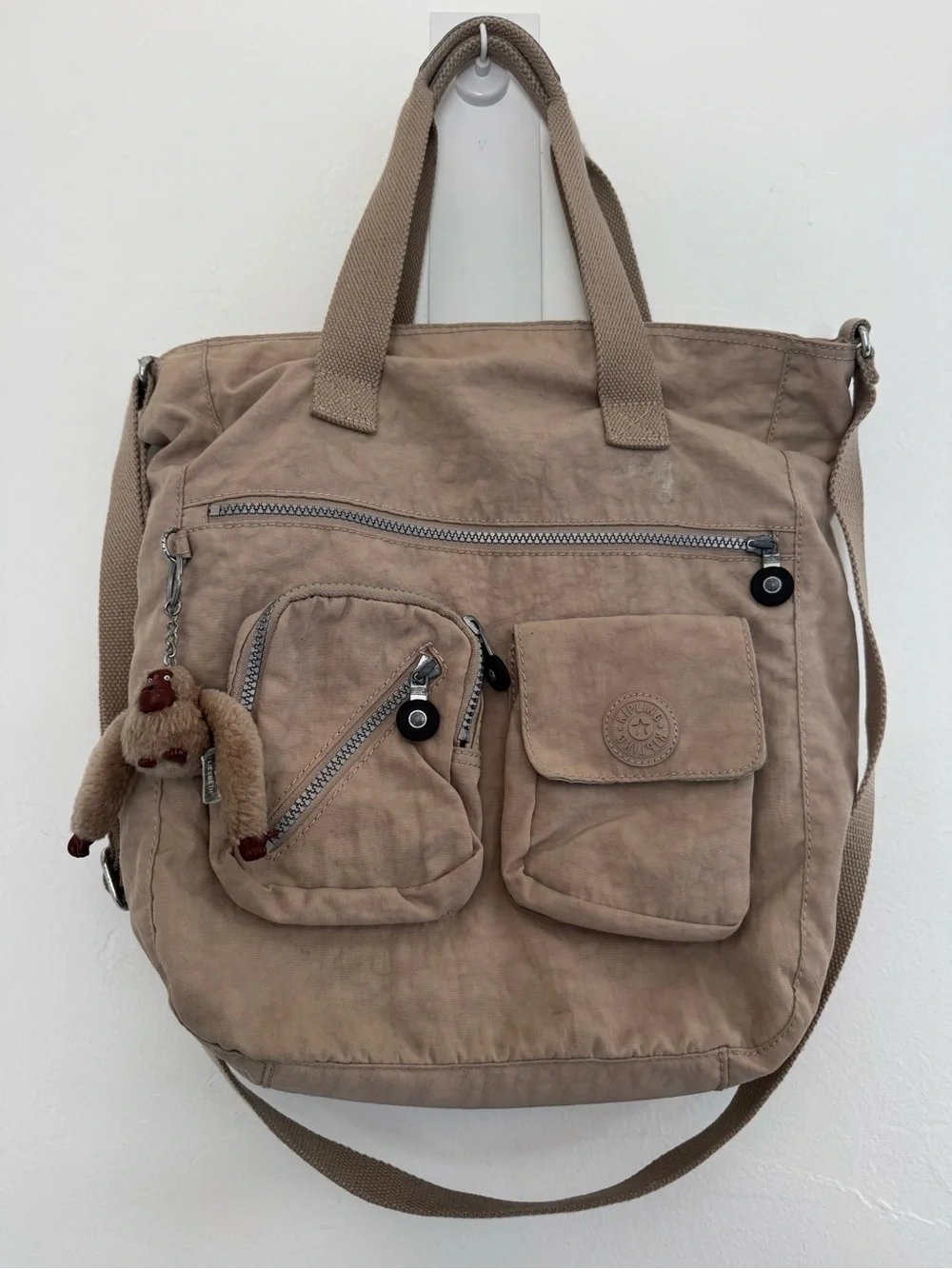 Kipling Joslyn Dune Crossbody Tote Bag Beige Monkey Key Ring